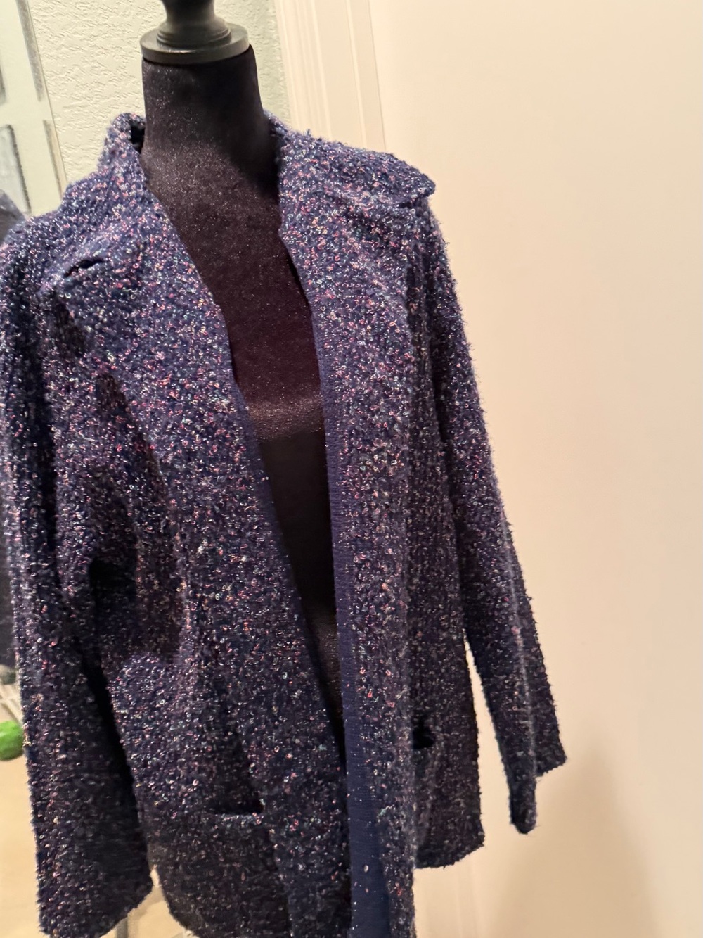 Kim Rogers Navy Bouclé Open-Front Blazer with Multicolor Flecks